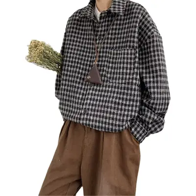 Men Vintage Checkered Long Sleeve Shirt Brown