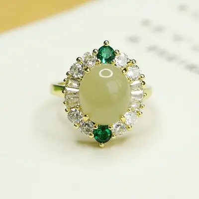 Aiyu Natural Hetian Jade Ring Clear Water Jade Prong Setting
