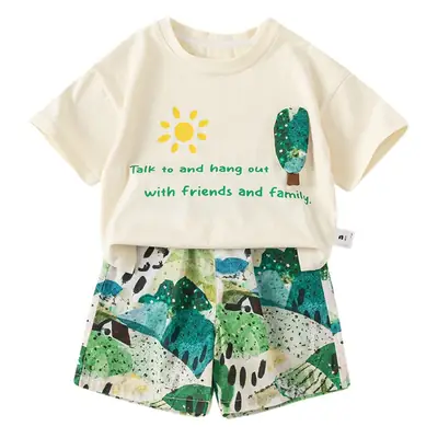 Boys T-Shirt & Beach Shorts Set White Green Cactus Print