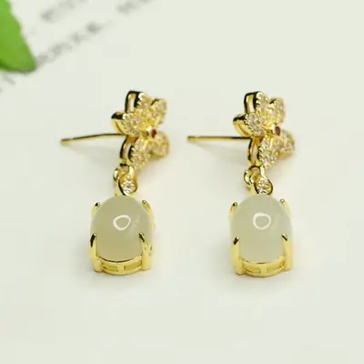 Jade Claw Inlaid Flower Earrings Gold Plated