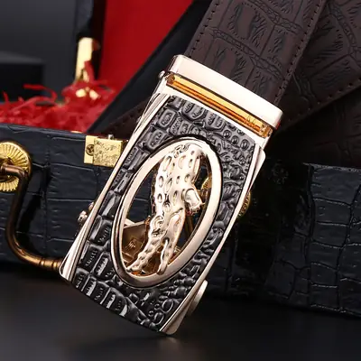 Men's Crocodile Leather Belt with Gold Plated Buckle