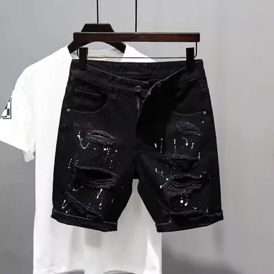 Men Black Denim Shorts with Sequins Washed Slim Fit