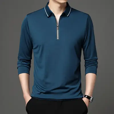 Men's Blue Collared Polo T-Shirt Long Sleeve Cotton