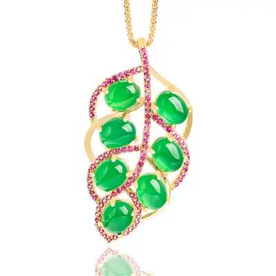 Natural Green Agate Leaves Pendant for Women Gold Plated Necklace