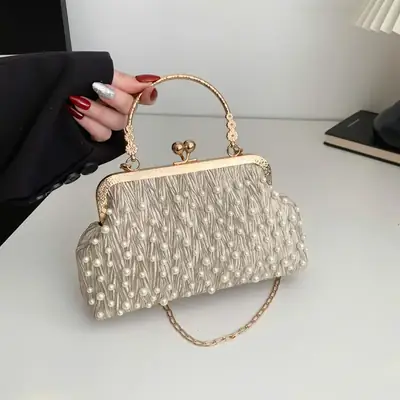 Pearl Chain Clip Bag for Women, Gold Handle, Textured Pearl Design