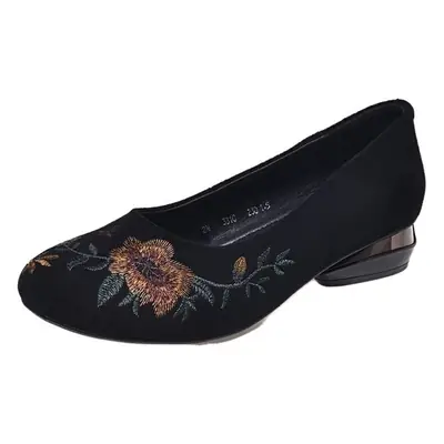 Thick Heeled Shoes Women's 2024 Spring New Low Mouth Low Heeled Mother Shoes Round-toe Shoes Embroidered Shoes Comfortable Frosted Leather Shoes