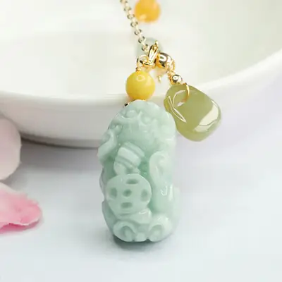 Jadeite Pixiu Necklace for Women Green Pendant Chain