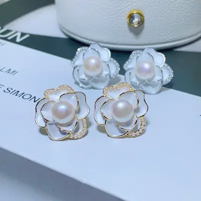 French Vintage Camellia Pearl Earrings White Flower Design