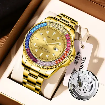Men's Black Luminous Rainbow Dial Waterproof Automatic Watch