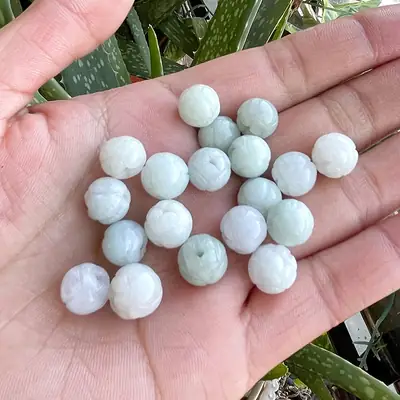 Natural Burma Jade Lotus Beads Green Waxy Beans