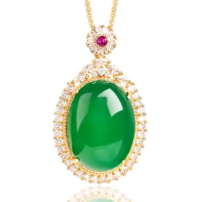 Natural Green Agate Egg Pendant Women's Necklace Gold Plated