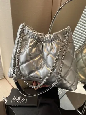 Women Rhombus Chain Bucket Bag Cream Large Capacity