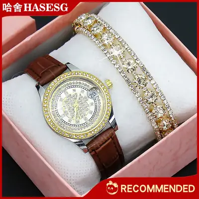 Women's Full Diamond Wristwatch with Black Leather Band