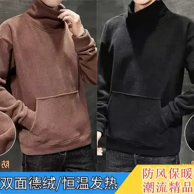 Men Black Velvet Turtleneck 3/4 Sleeve Warm Fleece