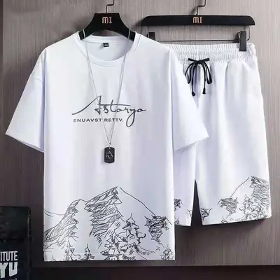 Men Ice Silk Graphic Shorts Set Black with Cartoon Print