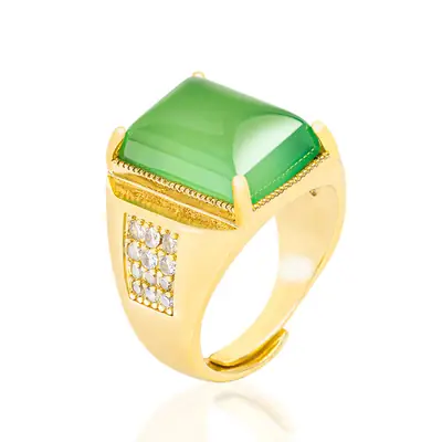 Men's Green Agate Square Ring Copper Gold Plated