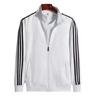 Men White 3 Bar Zipper Track Jacket with Black Stripes
