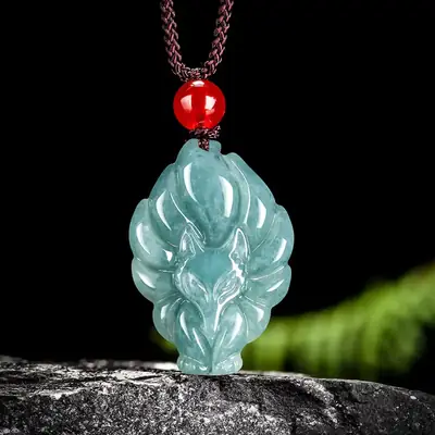 Natural Jade Blue Fox Pendant with Red Bead