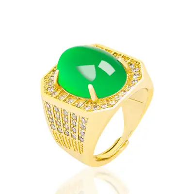 Men's Green Jade Ring Gold Plated with Chalcedony Ice