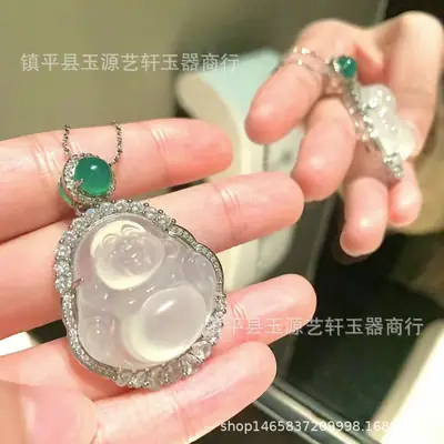 Natural Ice Chalcedony Maitreya Pendant with Niche Light