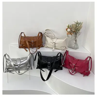 Silver PU Textured Shoulder Bag for Women 2024 Spring New Arrival
