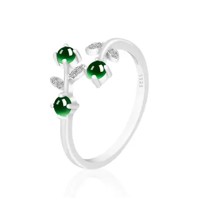 Natural Jade Ink Jade Flower Ring S925 Silver Adjustable