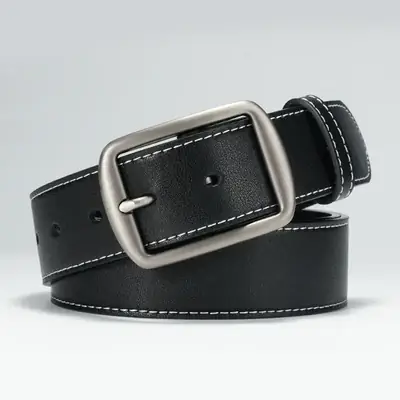 Men's Black Leather Belt with Silver Pin Buckle