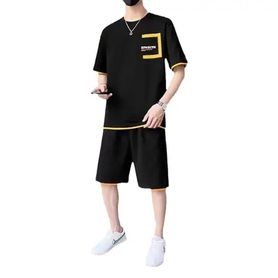 Men Black Yellow Shorts T-Shirt Casual Shorts Set