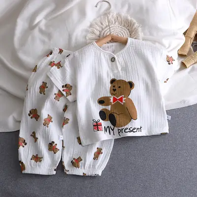 Children's Double-layer Cotton Yarn suit Summer Thin Boys and Girls Pure Cotton Home Clothes Pajamas Gauze Air-conditioning Clothes Children's Clothing