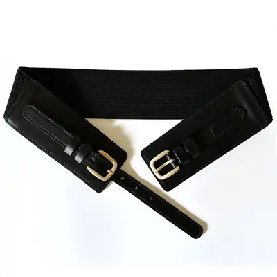 Black Elastic Waist Belt with Gold Buckle for Women