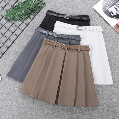 Women Pleated Skirt Grey Belted 2024 Spring
