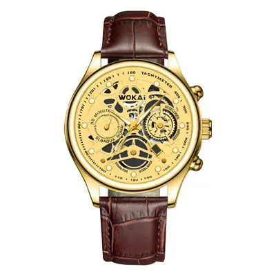 Wokai Gold Skeleton Men's Quartz Watch Brown Leather Strap