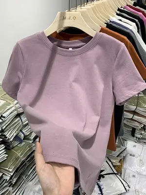 Elastic thread cotton European cargo shoulder casual solid color short-sleeved T-shirt for women 2024 New slim bottoming shirt top for women