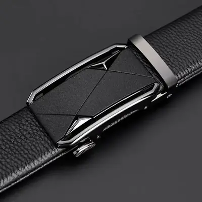 Men's Black Leather Belt with Automatic Buckle
