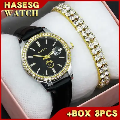 Women's Gold Diamond Watch Set with Bracelet