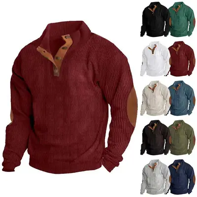 Men's Long Sleeve Corduroy Shirt with Leather Trim