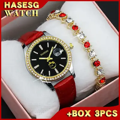 Women's Gold Crystal Bracelet Watch Set with Blue Strap