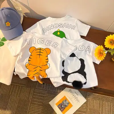 Boys Cotton Panda Print T-Shirt White Medium Small