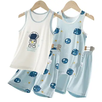 Children's Cartoon Vest Pajamas Suit Boys Modal Sleeveless T-Shirt Shorts Summer