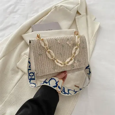 Women's Floral Woven Chain Bag Beige Gold Chain Shoulder Crossbody