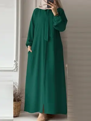 In-Stock Women's Fashion Bow Tie Lapel Solid Color Long-Sleeve Shirt Sun Dress with Pockets Loose Cardigan Long Dress