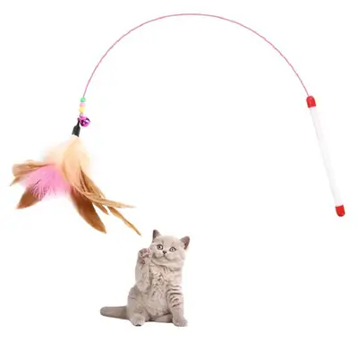 Cat Toy funny cat stick long steel wire not easy to fold cat feather funny cat stick with Bell training cat self-Hi pet toy