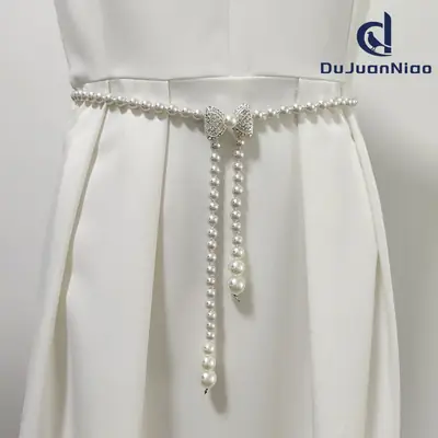 Women's Korean Pearl Waist Chain Belt with Rhinestone Butterfly