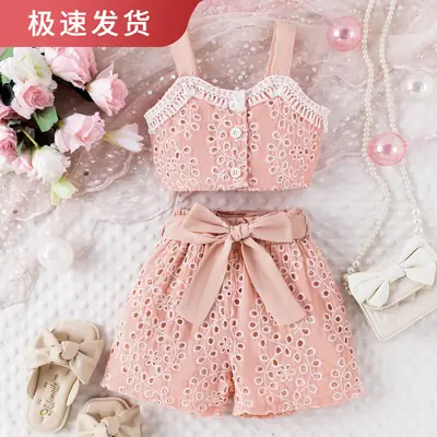 Baoxi Girls Lace Top & Hollow Shorts Set Pink