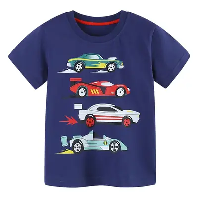 2025 Boys Cartoon Car T-Shirt Blue Round Neck Short Sleeve