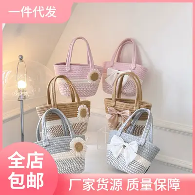 Women's Bow Decorated Straw Bucket Bag 2024