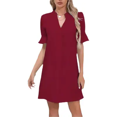 Black V-Neck Loose Pleated Dress for Women