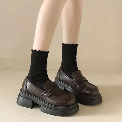 Black Chunky Heel Slip-On Loafers for Women