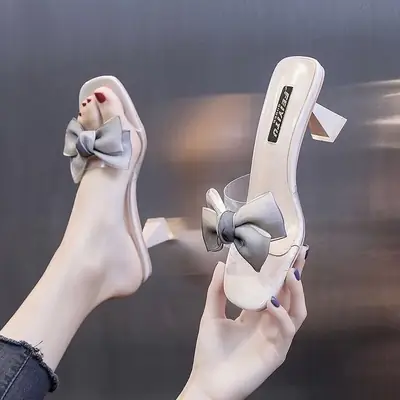 Women Transparent Bow Mid Heel Sandals 2024