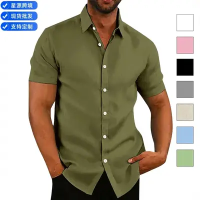 Men's White Short-Sleeve Button Shirt Cotton Linen